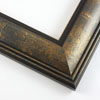 This ornate frame features a double ridged outer edge and matte black and gold foil (drop edge), stepped lip. The face is mottled with blue grey and gold foil for an antique, high fashion effect.
2 " width: ideal for medium size artwork. Border an elaborate oil painting or print with this unique, stylish frame.